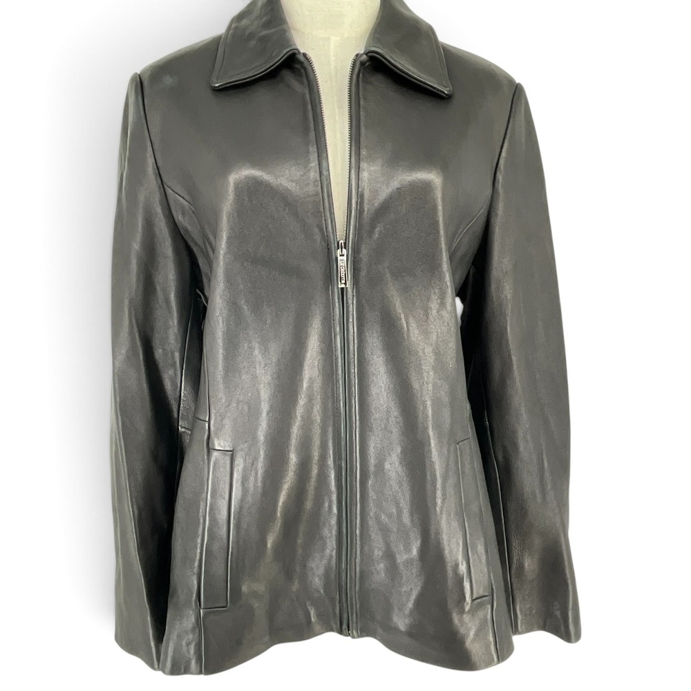 Liz Claiborne Womens Black Genuine Leather Zip Up Jacket Collared M